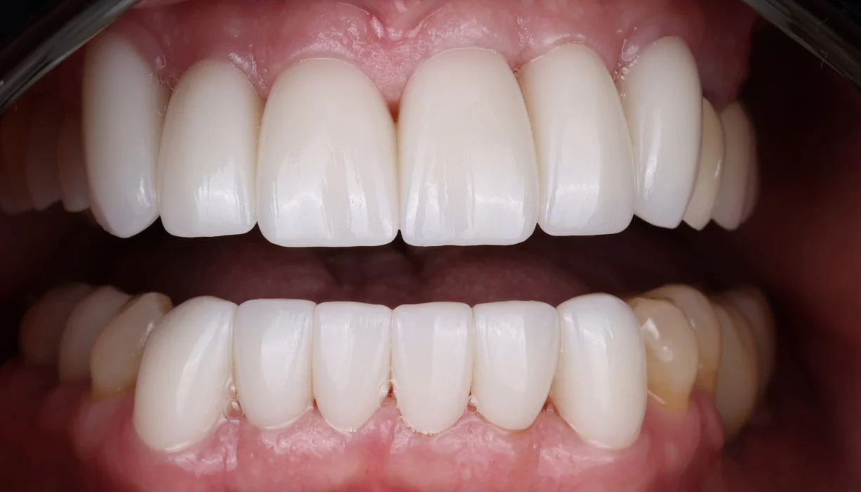 Crowns and bridges case 5, after treatment: white, evenly shaped upper and lower teeth