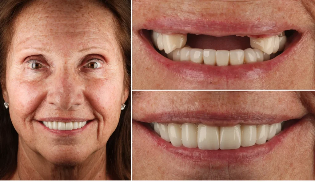 Dental implants case 1, before and after: smiling older woman, missing teeth replaced for a full smile
