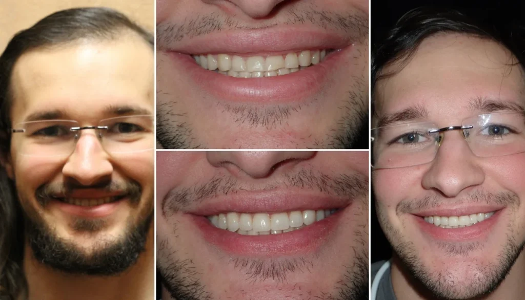 Full mouth reconstruction case 5, before and after: young bearded man with glasses, teeth restored to a brighter smile