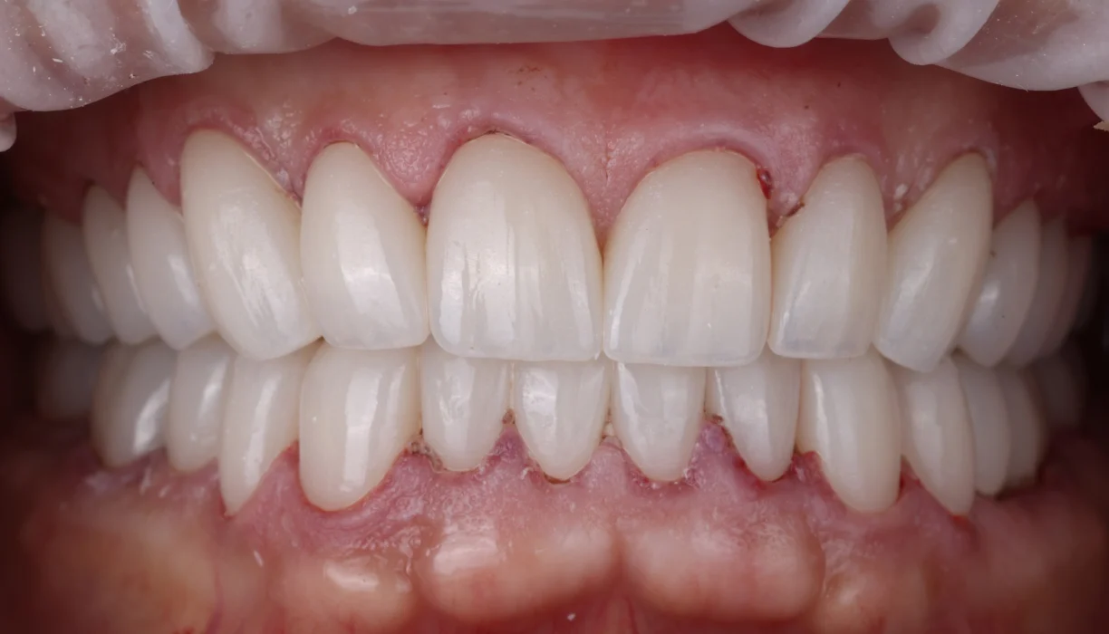 Full mouth reconstruction case 9, after treatment: white, evenly shaped front teeth with healthy gums