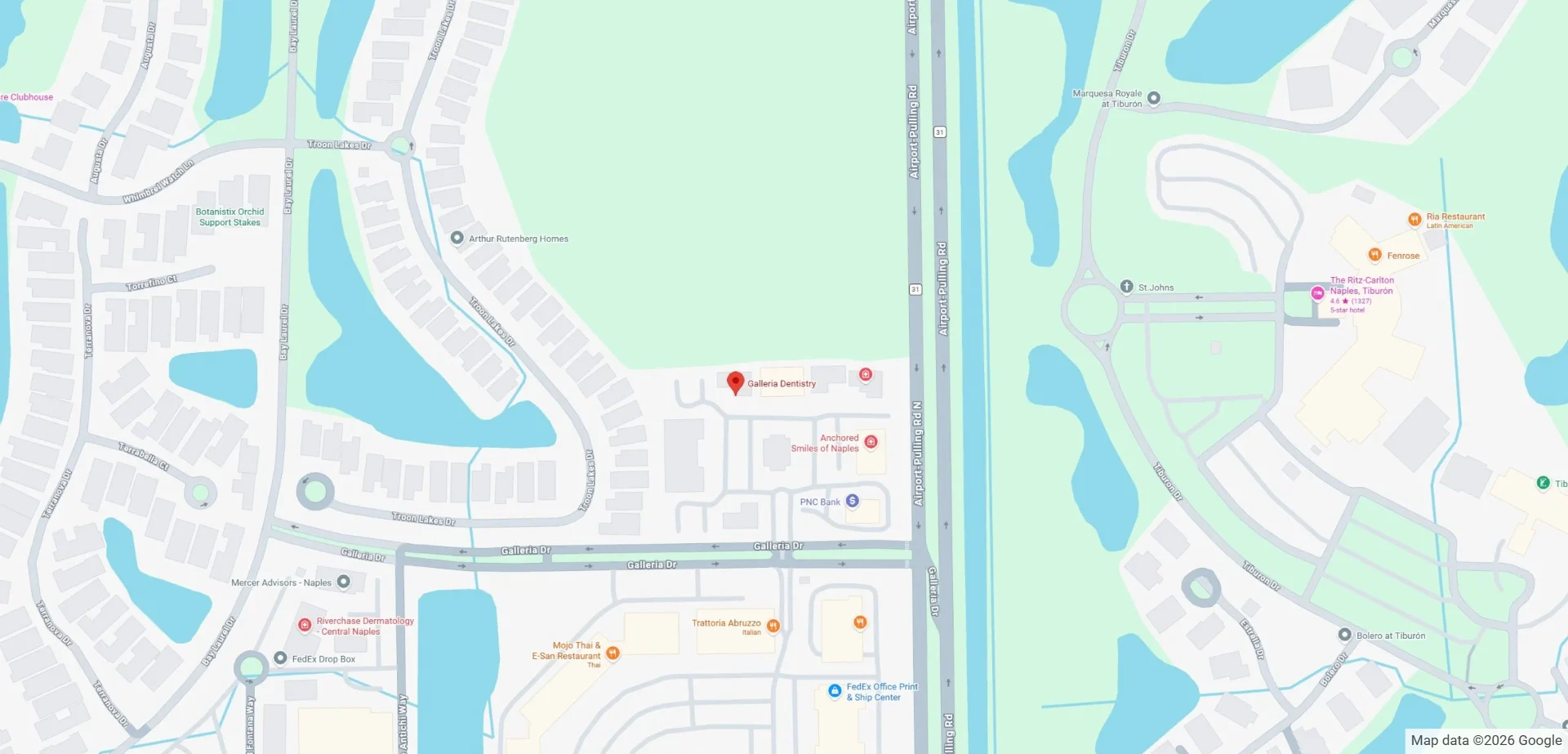 Map showing Galleria Dentistry at 9140 Galleria Ct. in Naples, FL