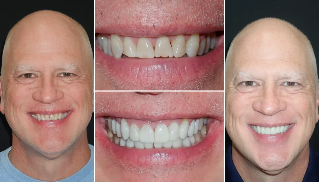 Porcelain veneers case 4, before and after: smiling bald man, teeth changed to a brighter, evenly shaped smile