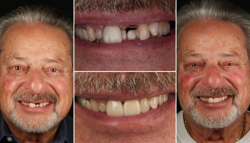 Single tooth dental implant case 1, before and after: smiling older man, a missing front tooth replaced for a complete smile