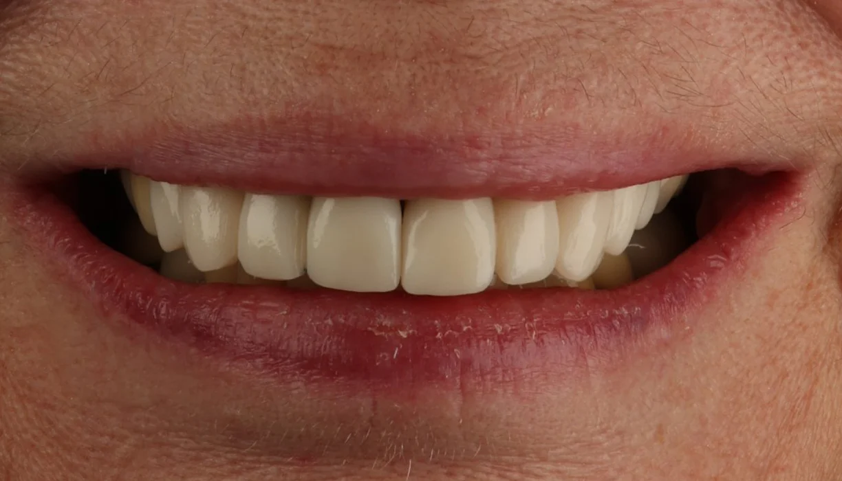 Smile makeover case 1, before treatment: small, worn teeth showing in a closed smile