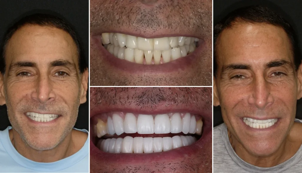 Smile makeover case 3, before and after: man with dark hair, smile changed from stained teeth to a bright white smile
