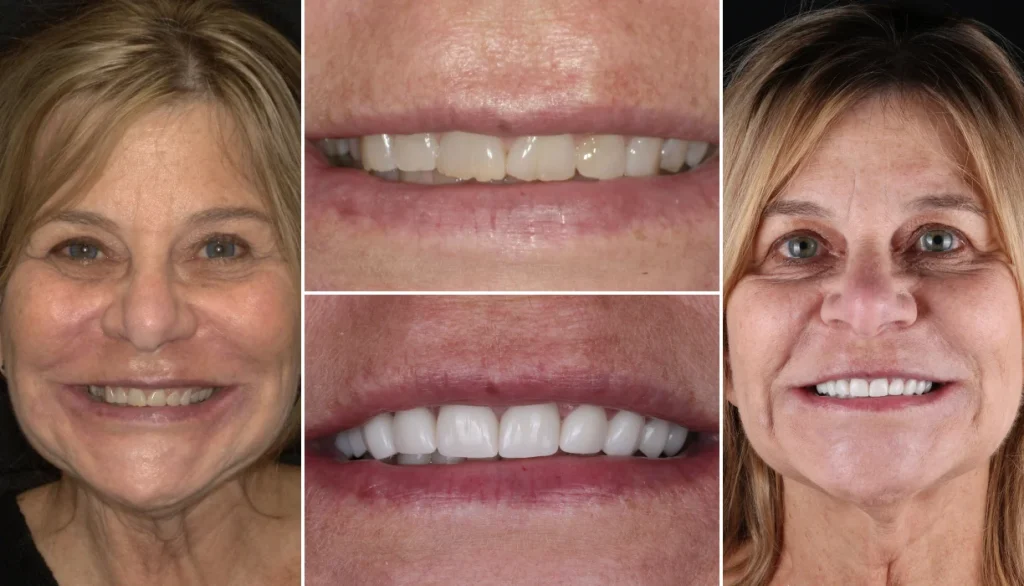 Smile makeover case 17, before and after: woman with blonde hair, smile changed to brighter, more even teeth